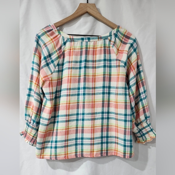 Andree By Unit Women's Peasant‎ Top Size Medium Bright Plaid Flannel Preppy Boho - Picture 5 of 6